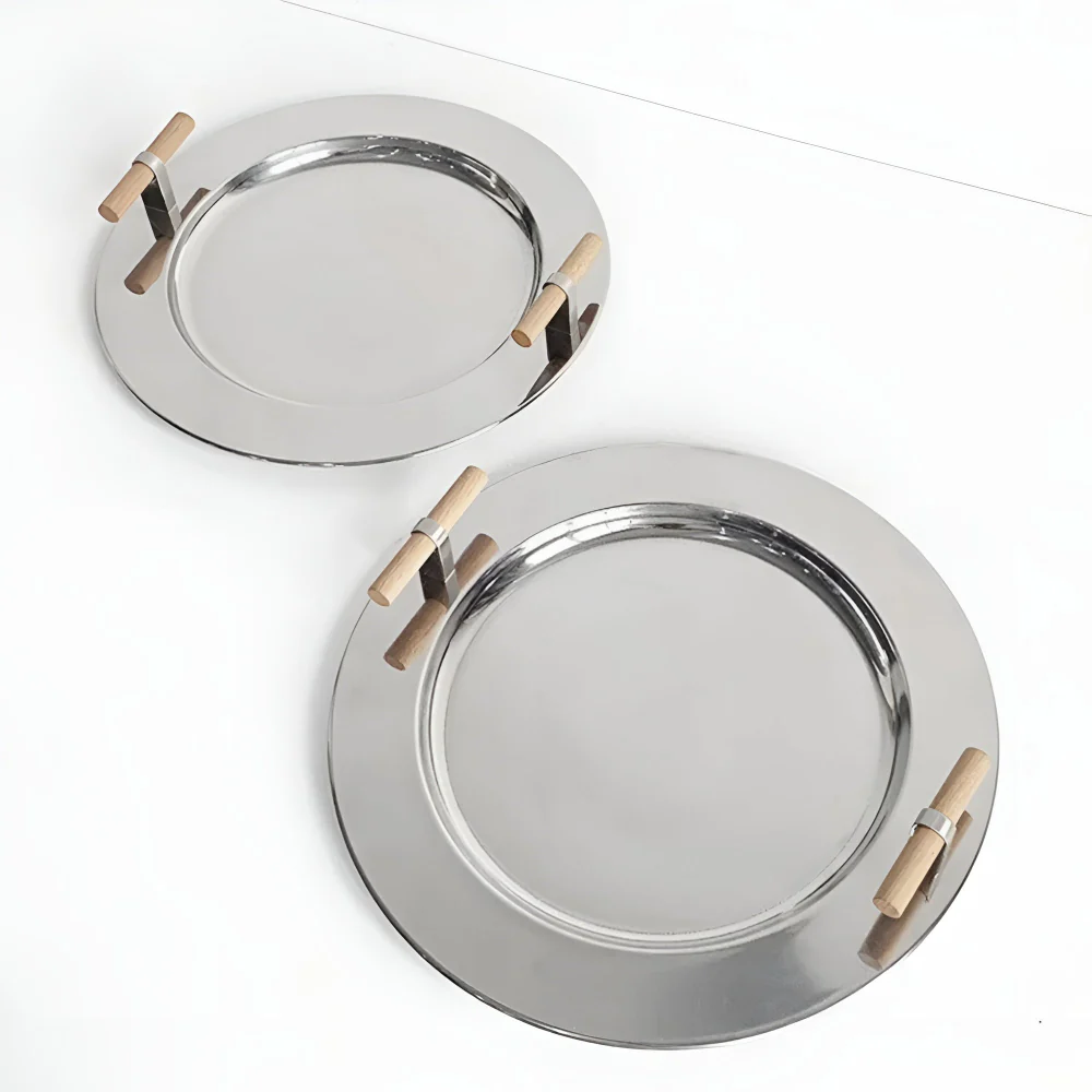 Elegant Stainless Steel Round Tray with Wooden Handles - Image 3